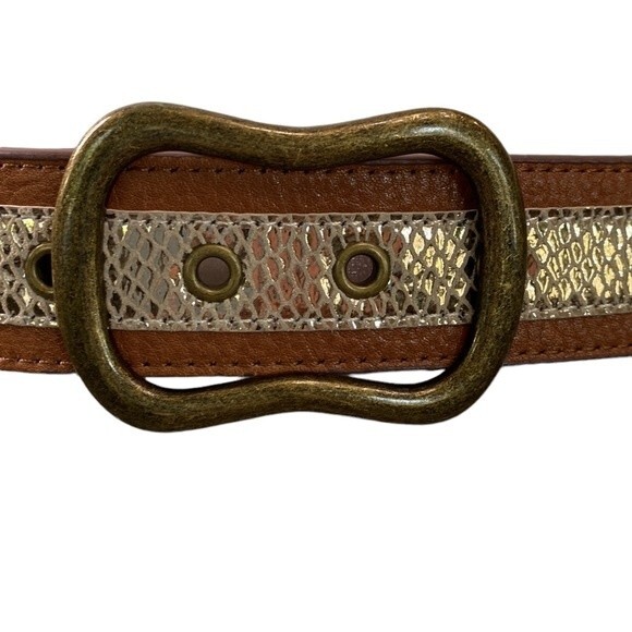 Chico\'s Shiny Gold Faux Snakeskin Brown Leather Belt Antique Brass Hook Buckle main image 12